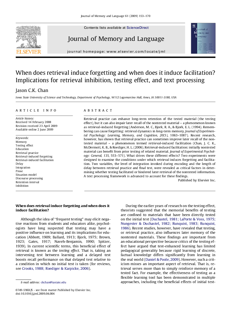 When does retrieval induce forgetting and when does it induce facilitation? Implications for retrieval inhibition, testing effect, and text processing