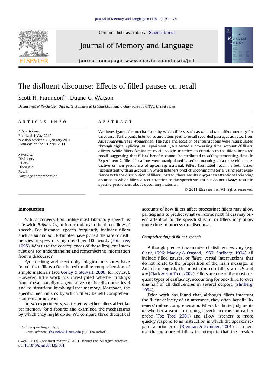 The disfluent discourse: Effects of filled pauses on recall