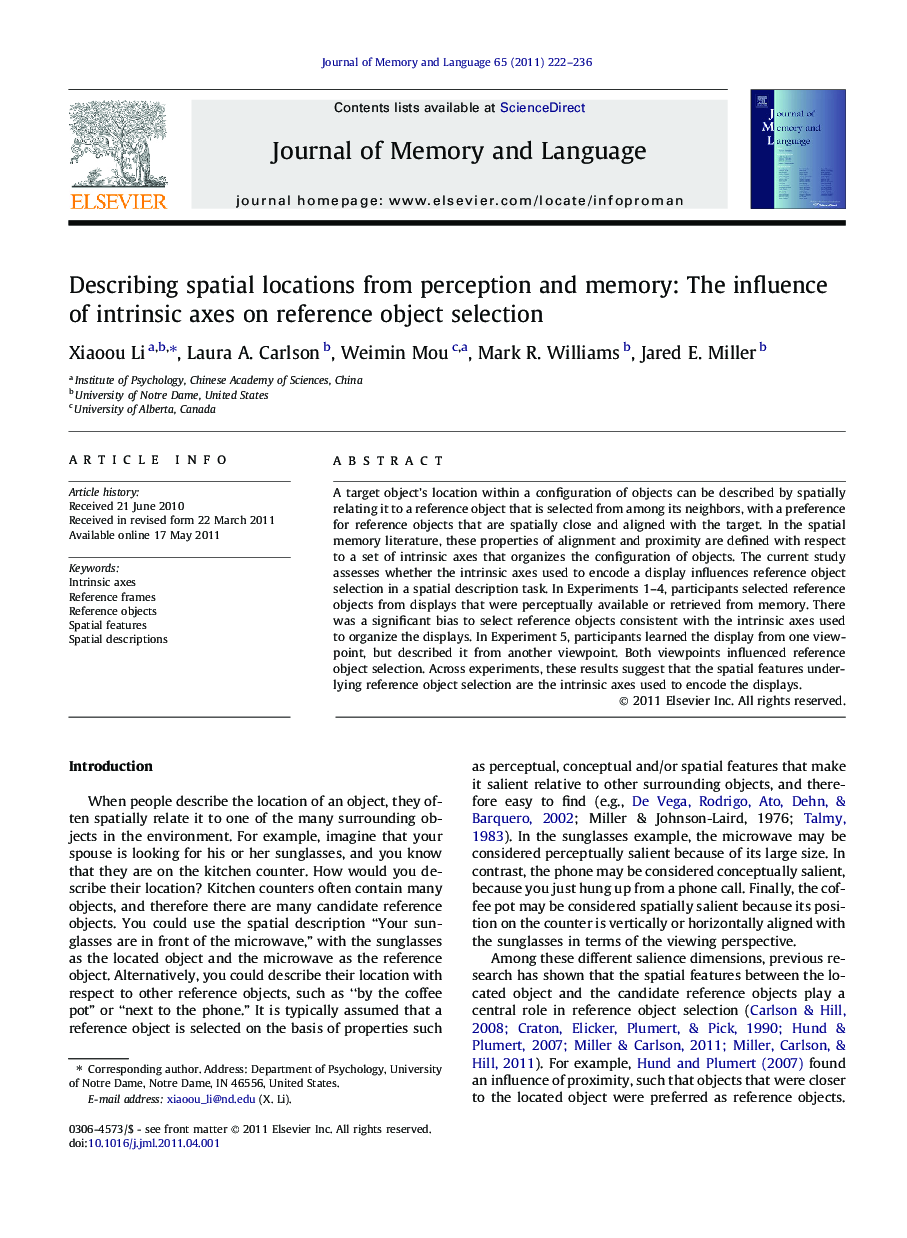 Describing spatial locations from perception and memory: The influence of intrinsic axes on reference object selection