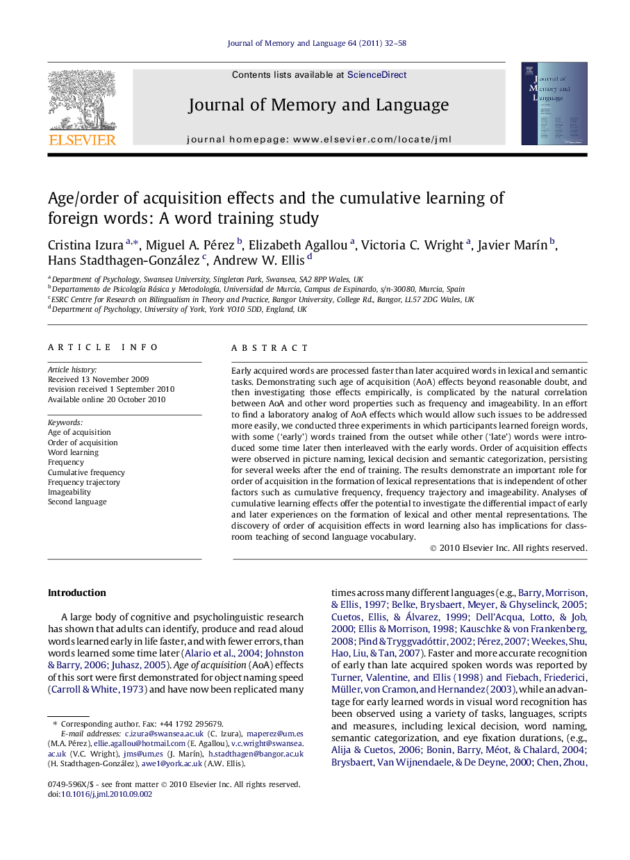 Age/order of acquisition effects and the cumulative learning of foreign words: A word training study