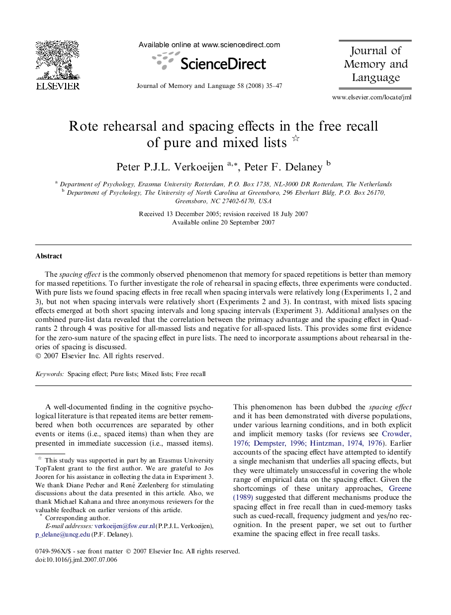 Rote rehearsal and spacing effects in the free recall of pure and mixed lists 