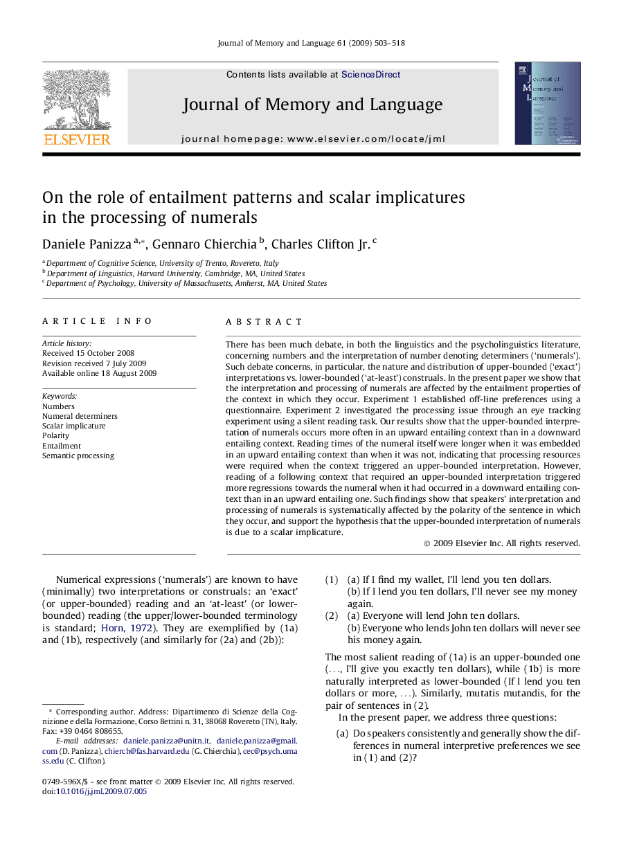 On the role of entailment patterns and scalar implicatures in the processing of numerals