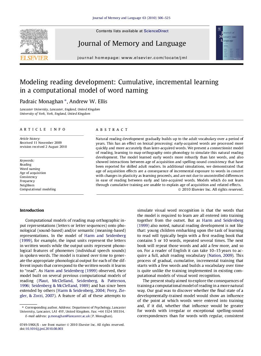 Modeling reading development: Cumulative, incremental learning in a computational model of word naming