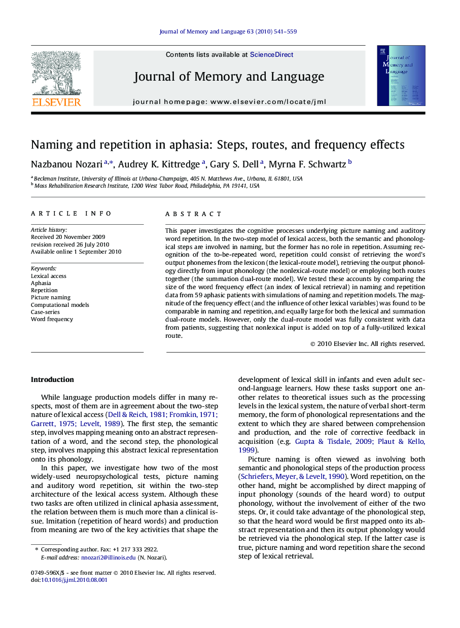 Naming and repetition in aphasia: Steps, routes, and frequency effects