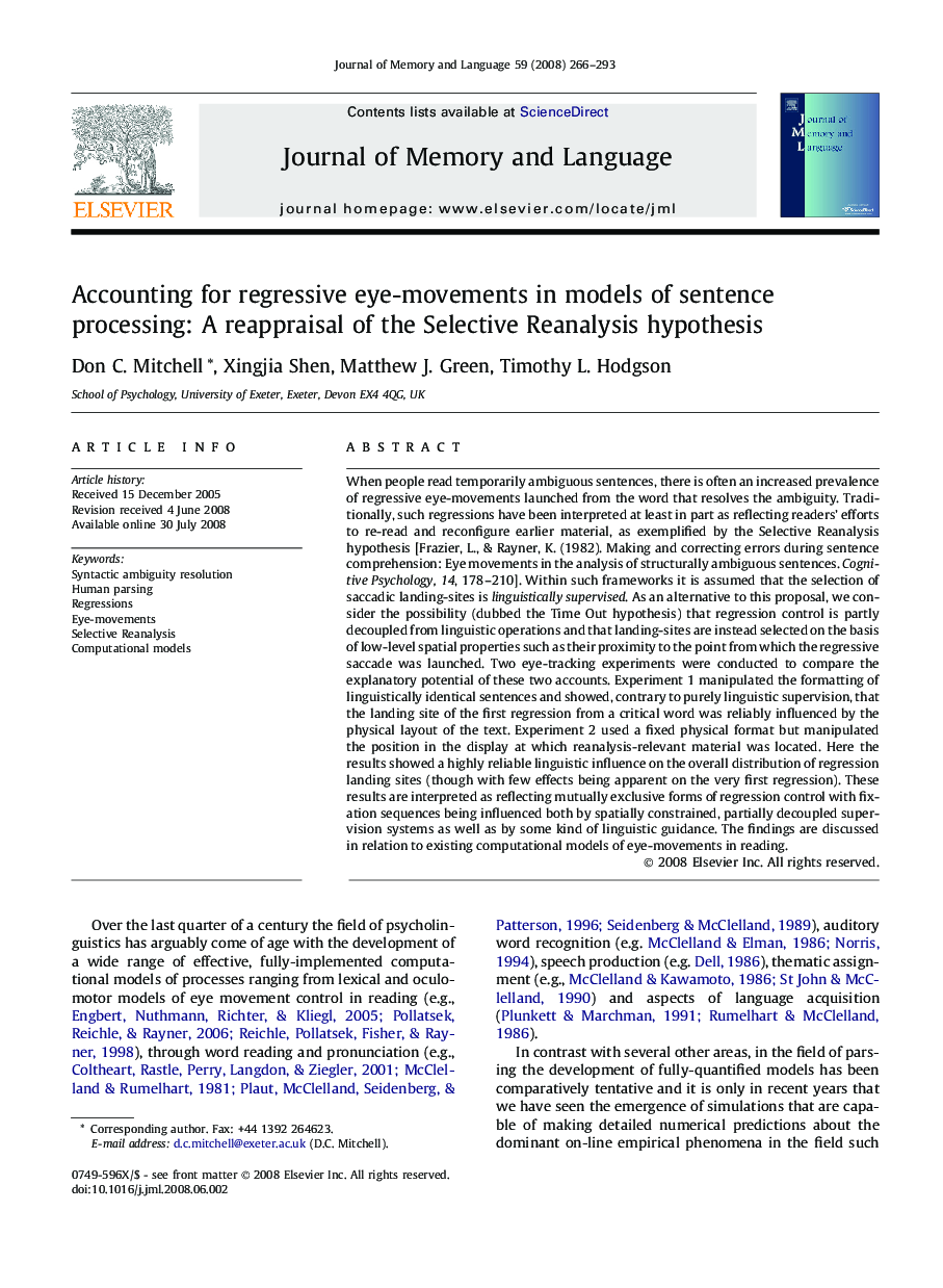 Accounting for regressive eye-movements in models of sentence processing: A reappraisal of the Selective Reanalysis hypothesis