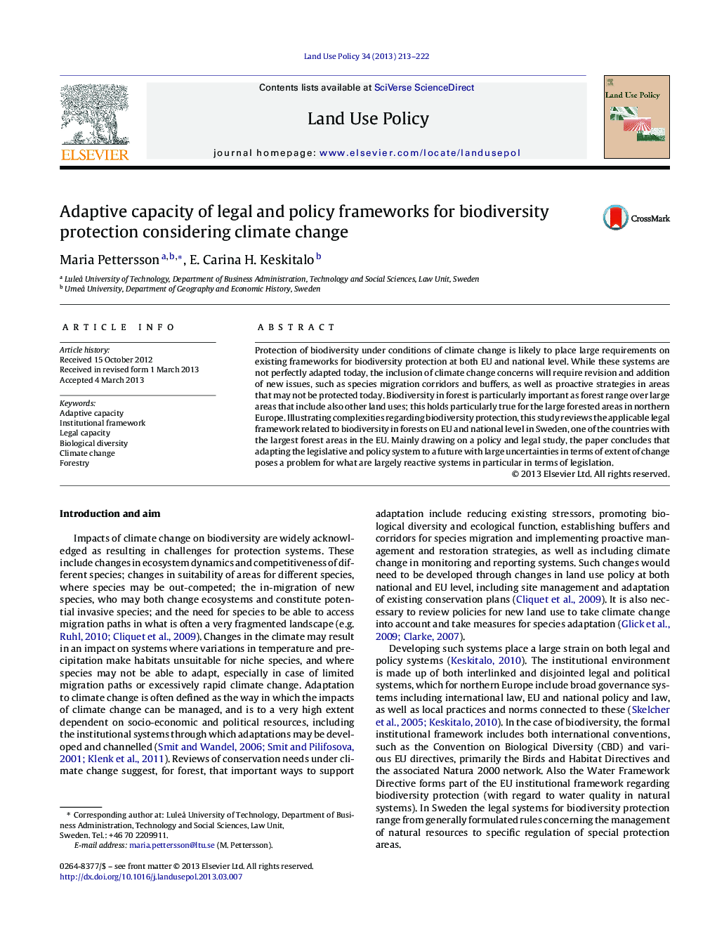 Adaptive capacity of legal and policy frameworks for biodiversity protection considering climate change