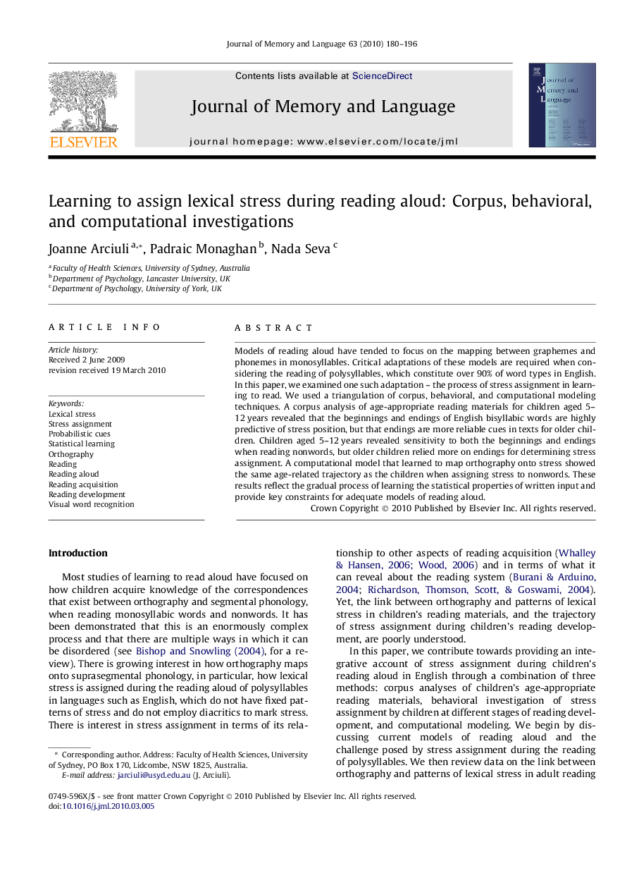 Learning to assign lexical stress during reading aloud: Corpus, behavioral, and computational investigations