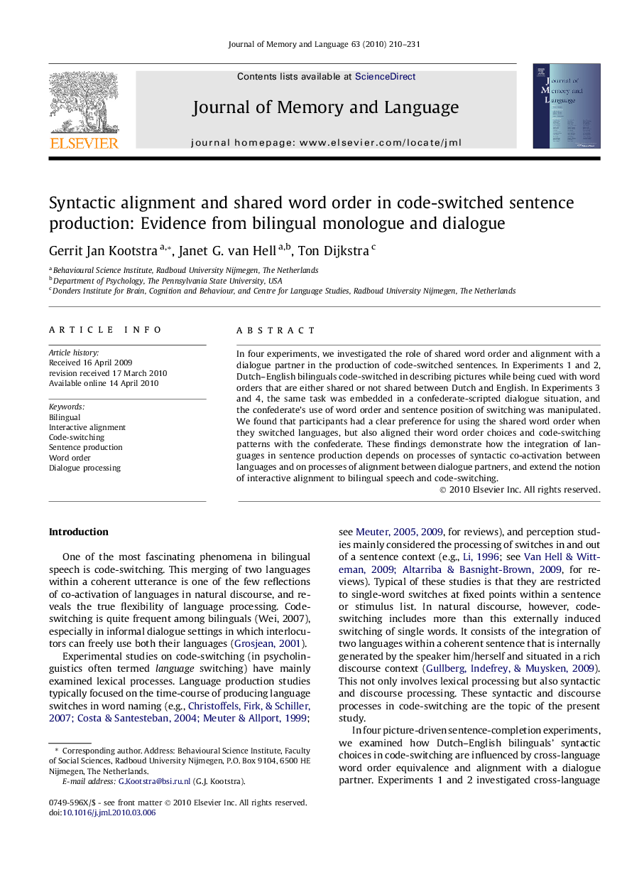 Syntactic alignment and shared word order in code-switched sentence production: Evidence from bilingual monologue and dialogue