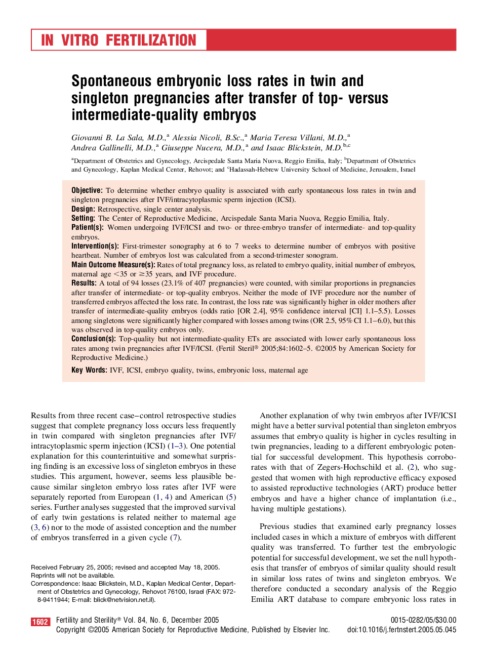 Spontaneous embryonic loss rates in twin and singleton pregnancies after transfer of top- versus intermediate-quality embryos