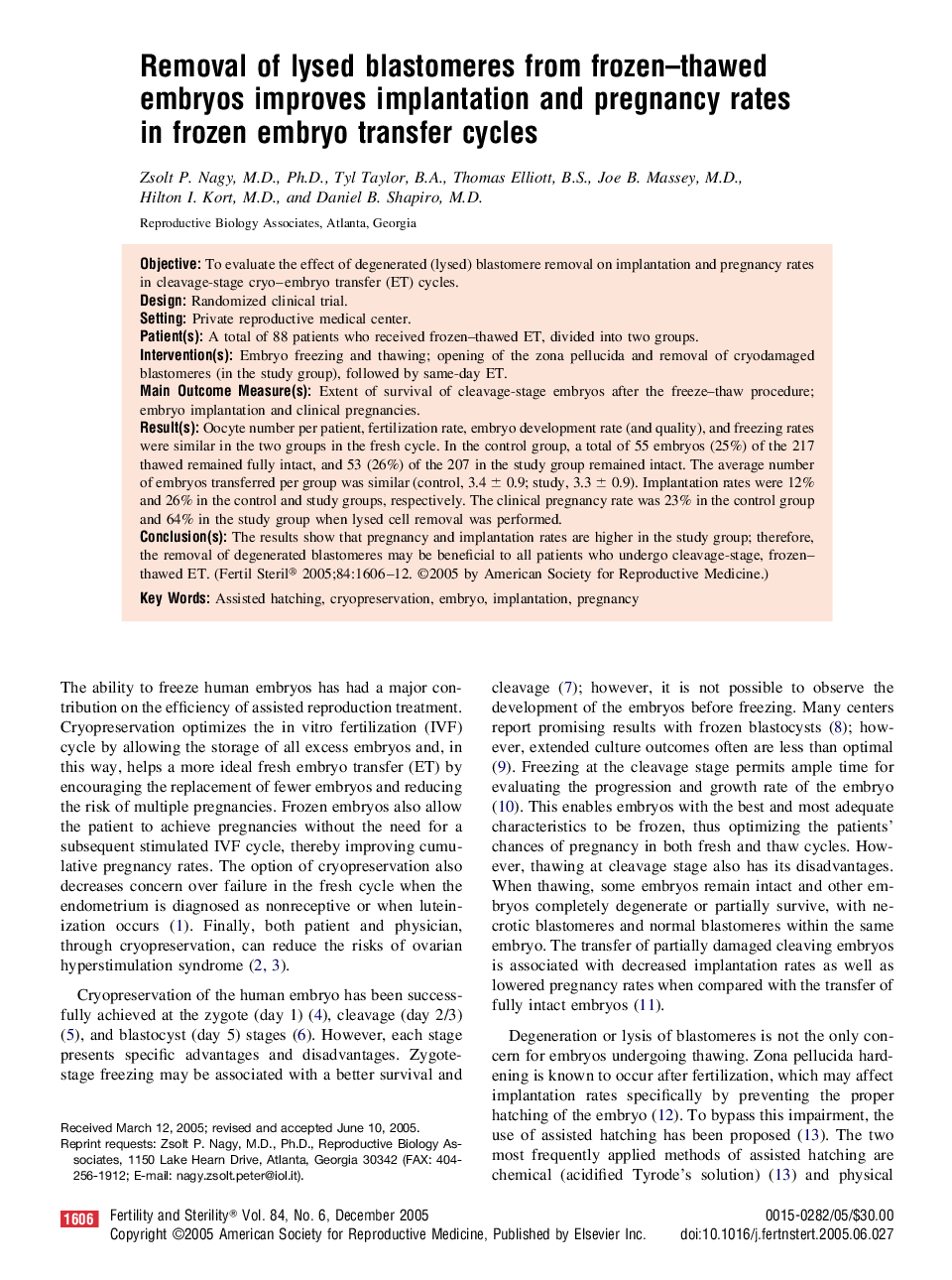 Removal of lysed blastomeres from frozen-thawed embryos improves implantation and pregnancy rates in frozen embryo transfer cycles