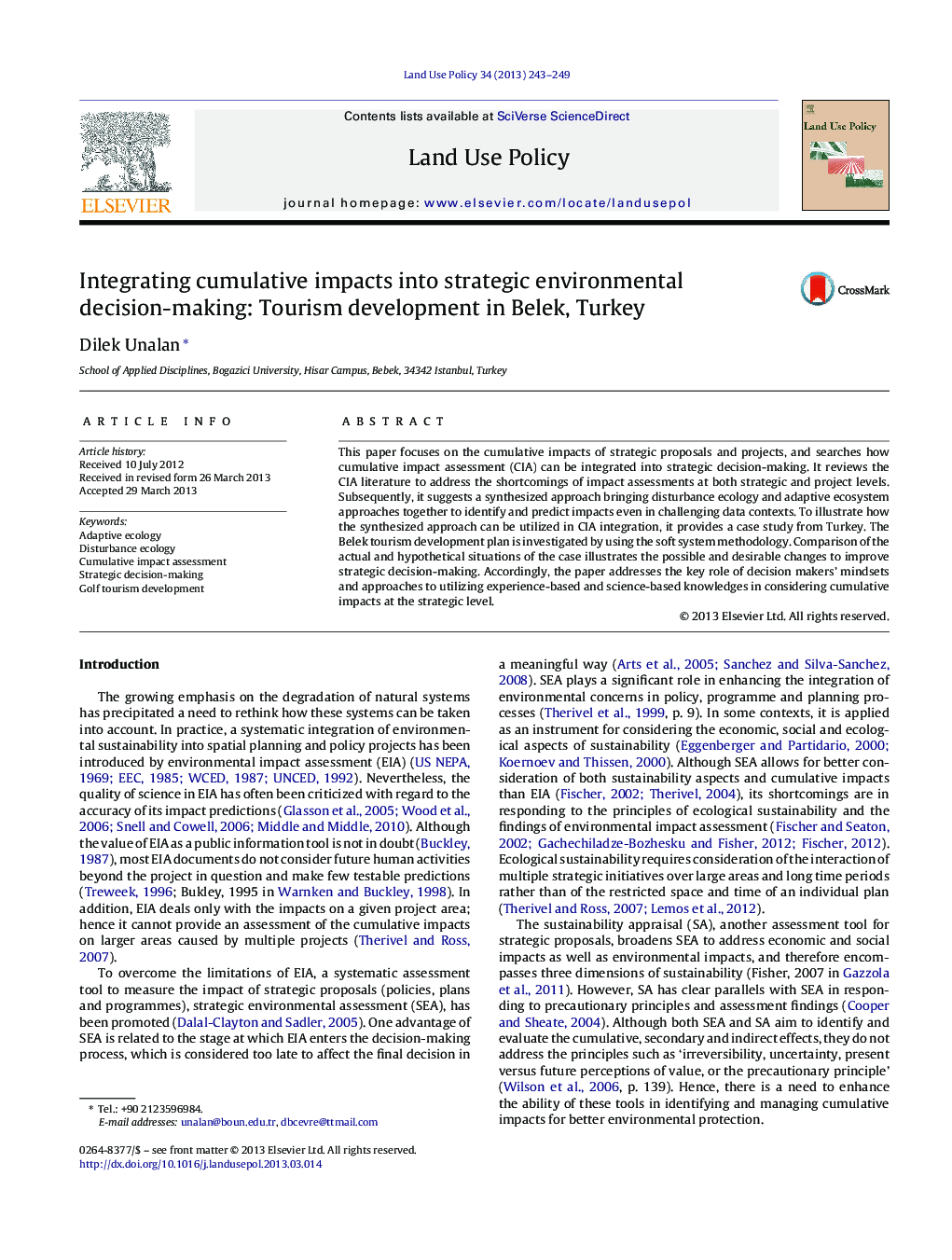 یکپارچه سازی اثرات تجمعی با تصمیم گیری استراتژیک زیست محیطی: توسعه گردشگری در بلک، ترکیه