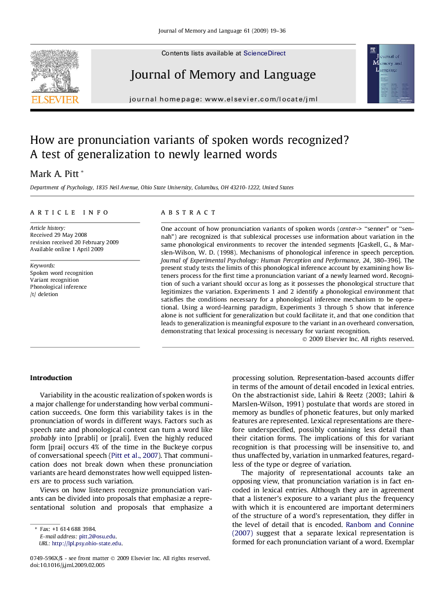 How are pronunciation variants of spoken words recognized? A test of generalization to newly learned words