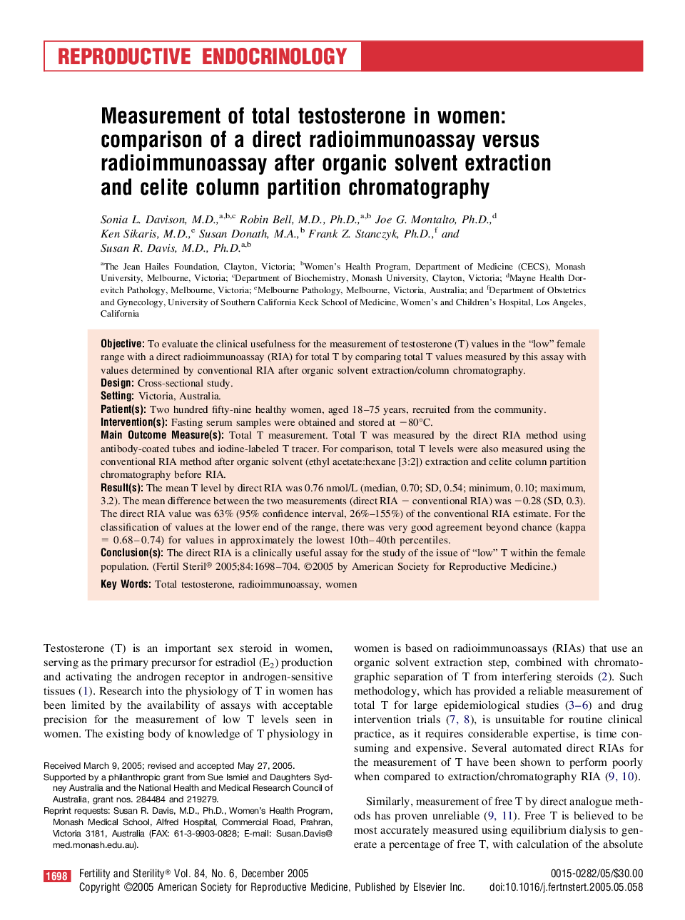 Measurement of total testosterone in women: comparison of a direct radioimmunoassay versus radioimmunoassay after organic solvent extraction and celite column partition chromatography