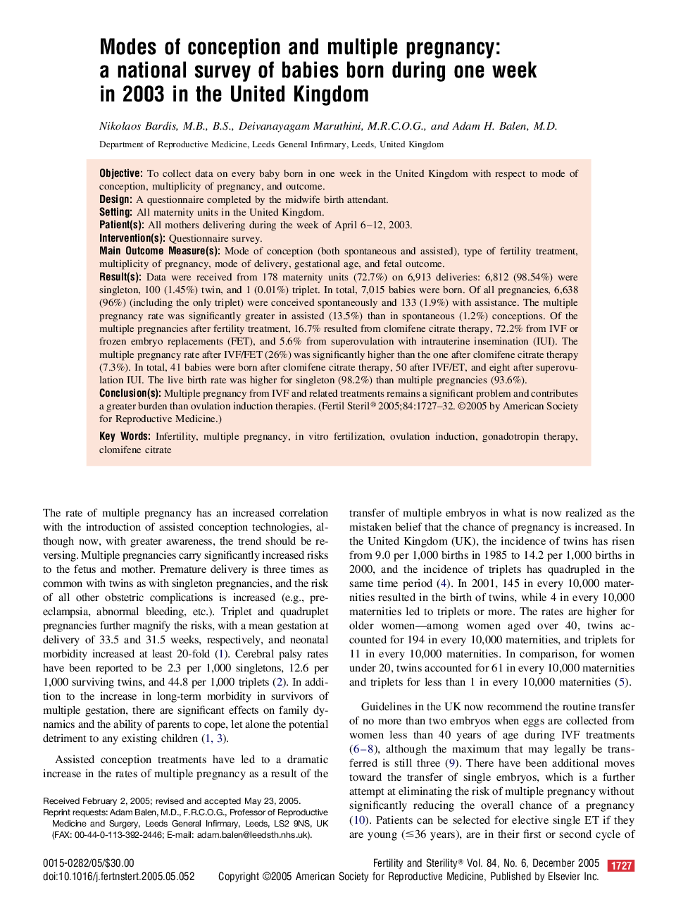 Modes of conception and multiple pregnancy: a national survey of babies born during one week in 2003 in the United Kingdom