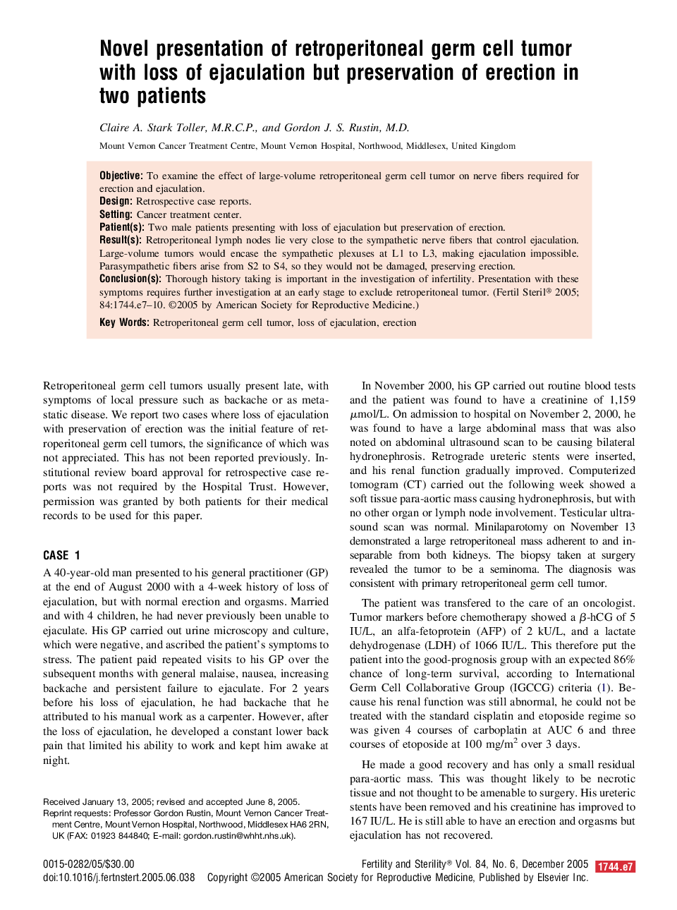 Novel presentation of retroperitoneal germ cell tumor with loss of ejaculation but preservation of erection in two patients