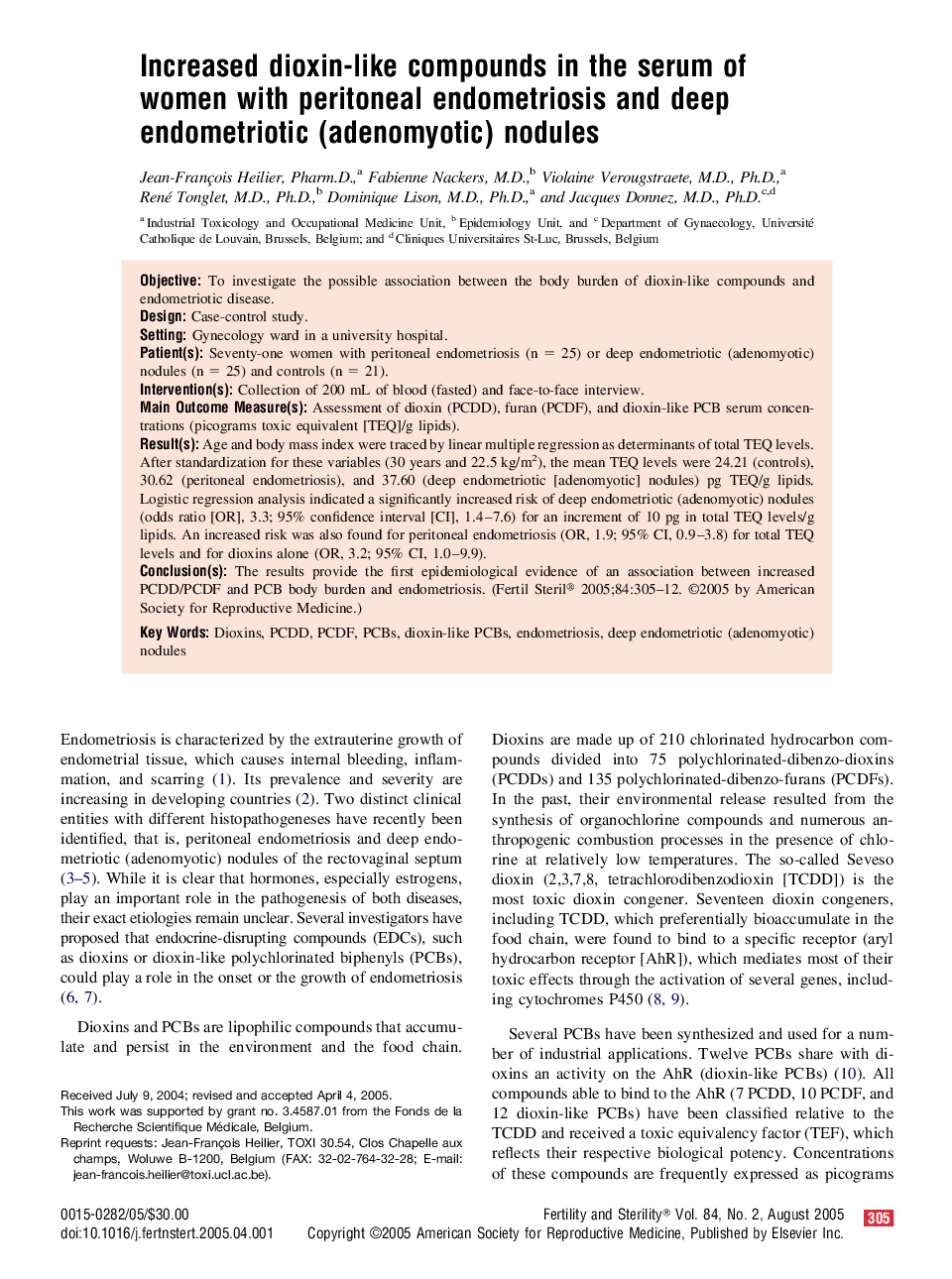 Increased dioxin-like compounds in the serum of women with peritoneal endometriosis and deep endometriotic (adenomyotic) nodules