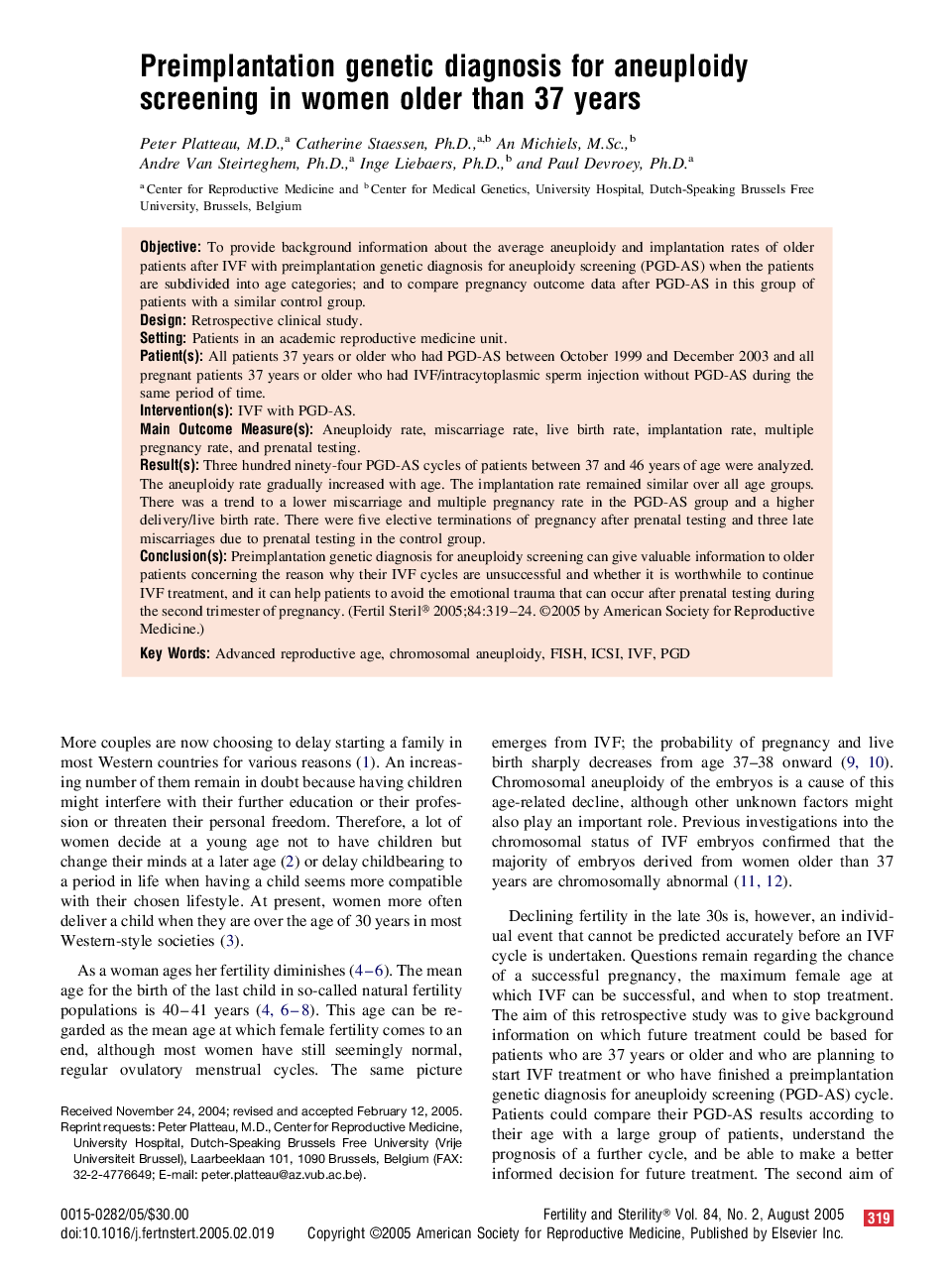 Preimplantation genetic diagnosis for aneuploidy screening in women older than 37 years