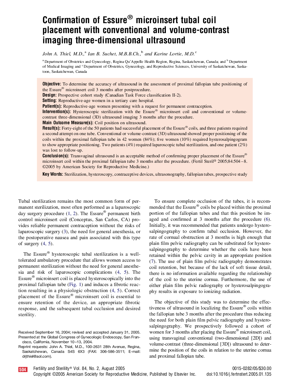 Confirmation of Essure® microinsert tubal coil placement with conventional and volume-contrast imaging three-dimensional ultrasound