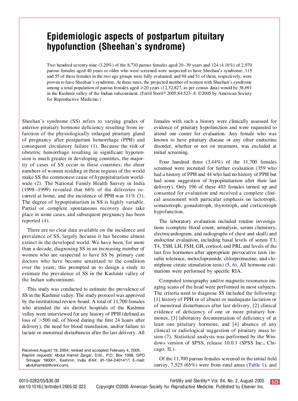 Epidemiologic aspects of postpartum pituitary hypofunction (Sheehan's syndrome)