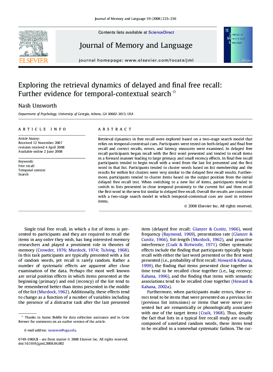 Exploring the retrieval dynamics of delayed and final free recall: Further evidence for temporal-contextual search 