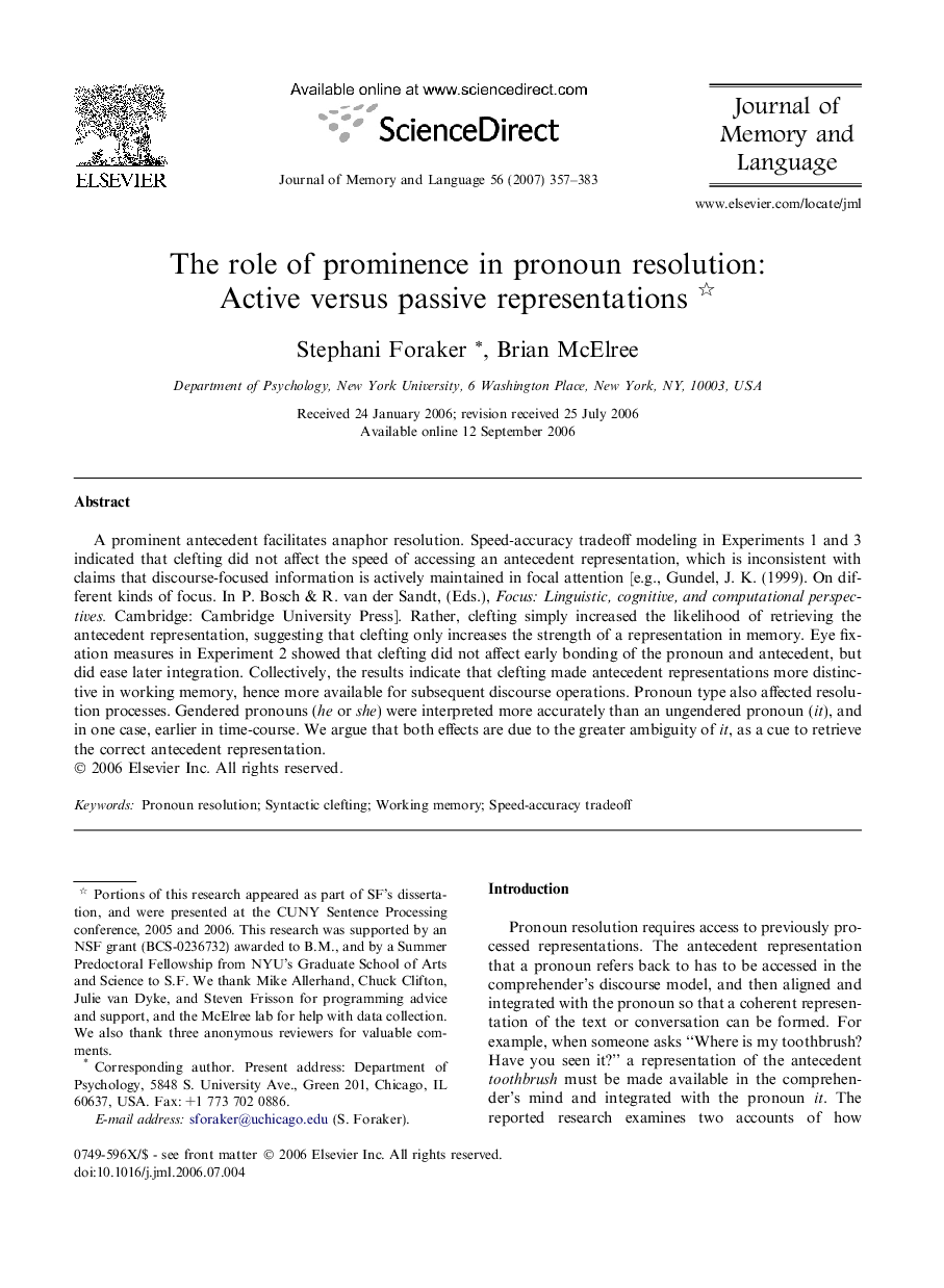 The role of prominence in pronoun resolution: Active versus passive representations 