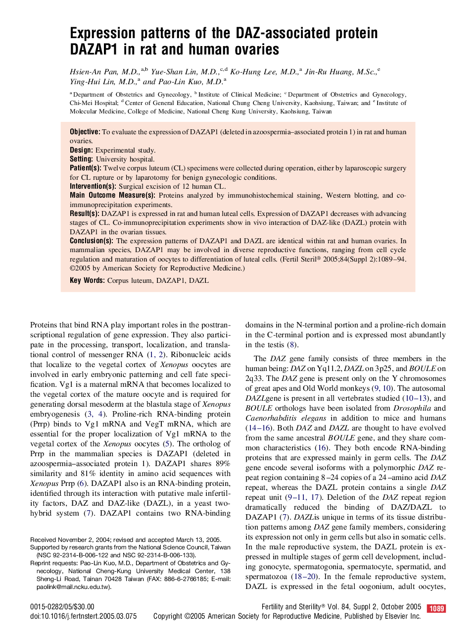 Expression patterns of the DAZ-associated protein DAZAP1 in rat and human ovaries