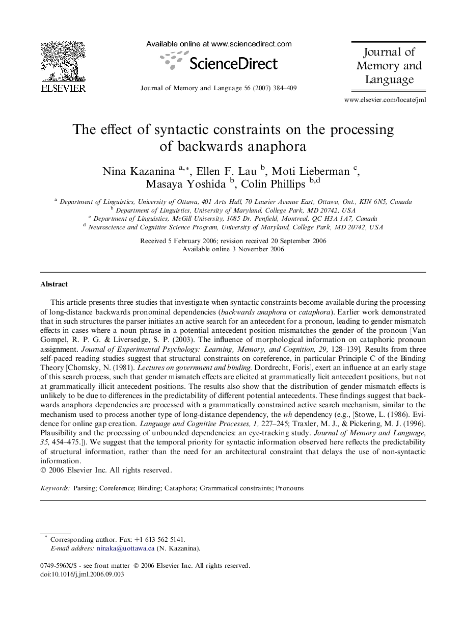 The effect of syntactic constraints on the processing of backwards anaphora