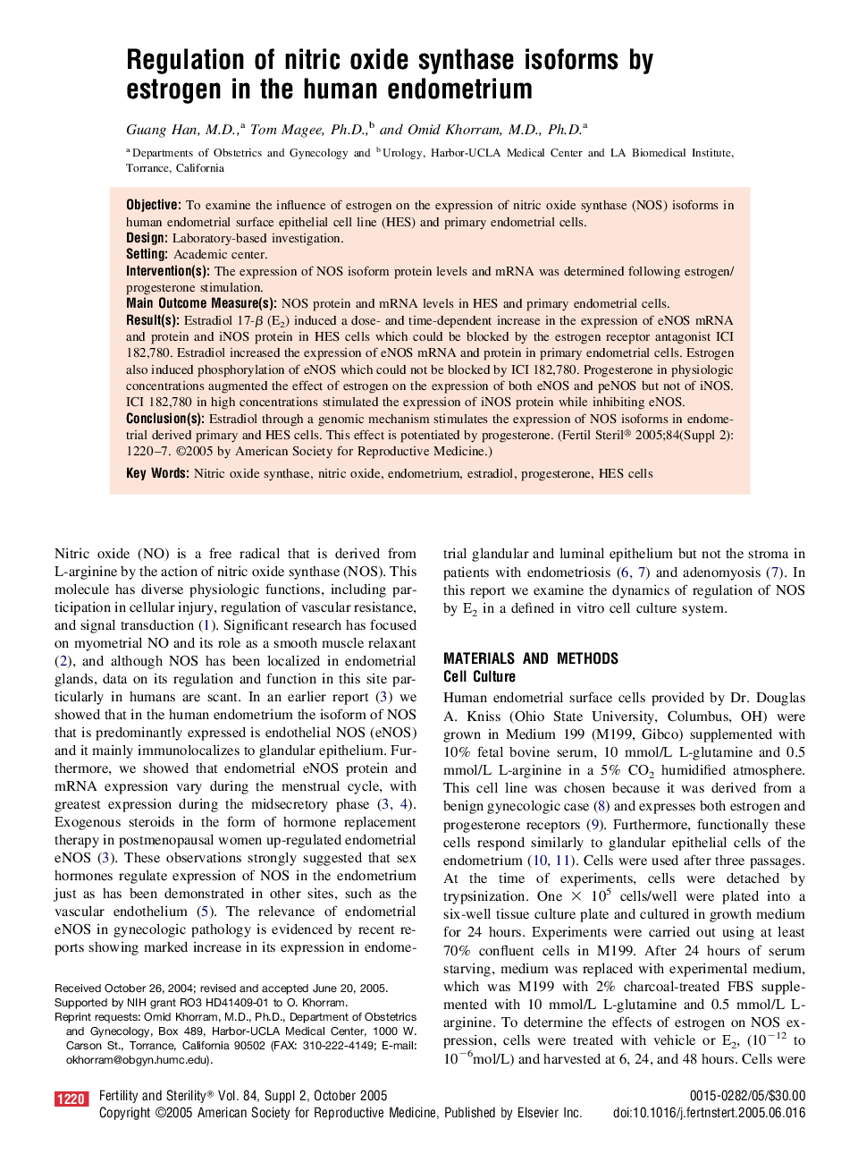 Regulation of nitric oxide synthase isoforms by estrogen in the human endometrium