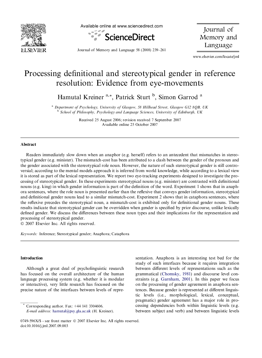 Processing definitional and stereotypical gender in reference resolution: Evidence from eye-movements