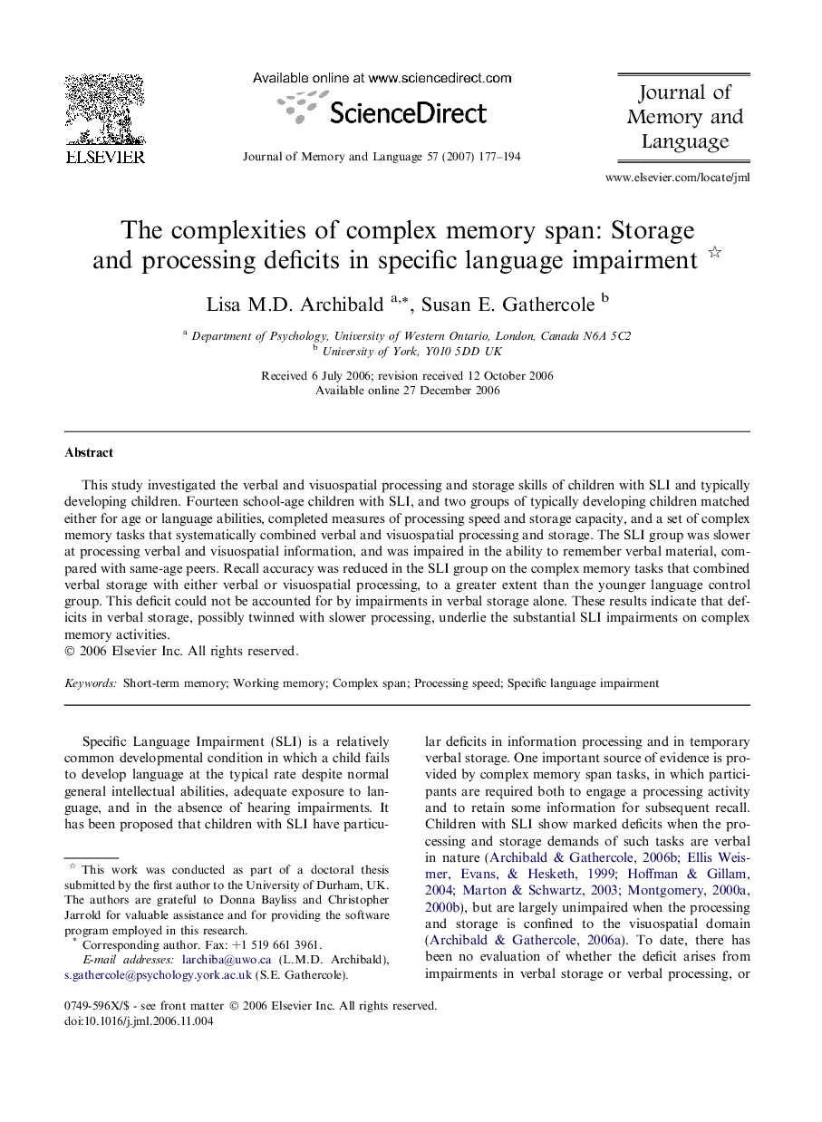 The complexities of complex memory span: Storage and processing deficits in specific language impairment 