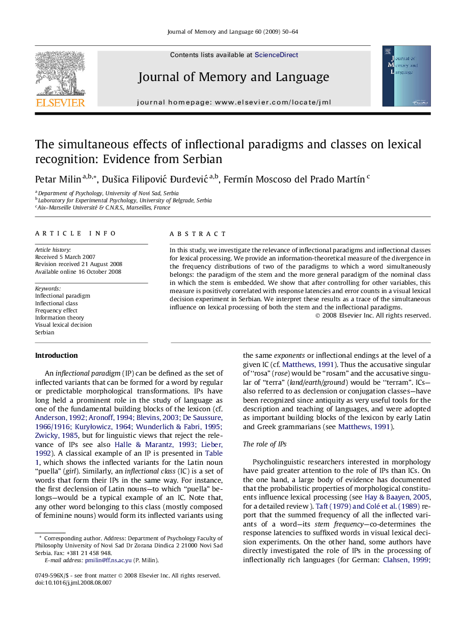 The simultaneous effects of inflectional paradigms and classes on lexical recognition: Evidence from Serbian