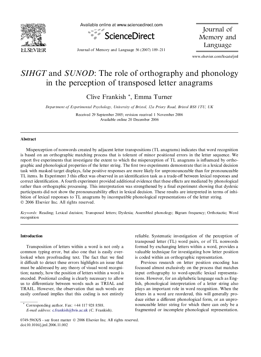 SIHGT and SUNOD: The role of orthography and phonology in the perception of transposed letter anagrams