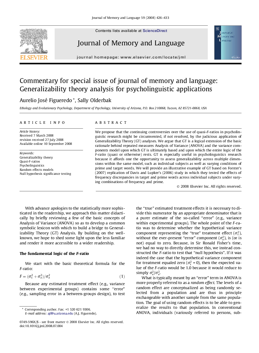 Commentary for special issue of journal of memory and language: Generalizability theory analysis for psycholinguistic applications