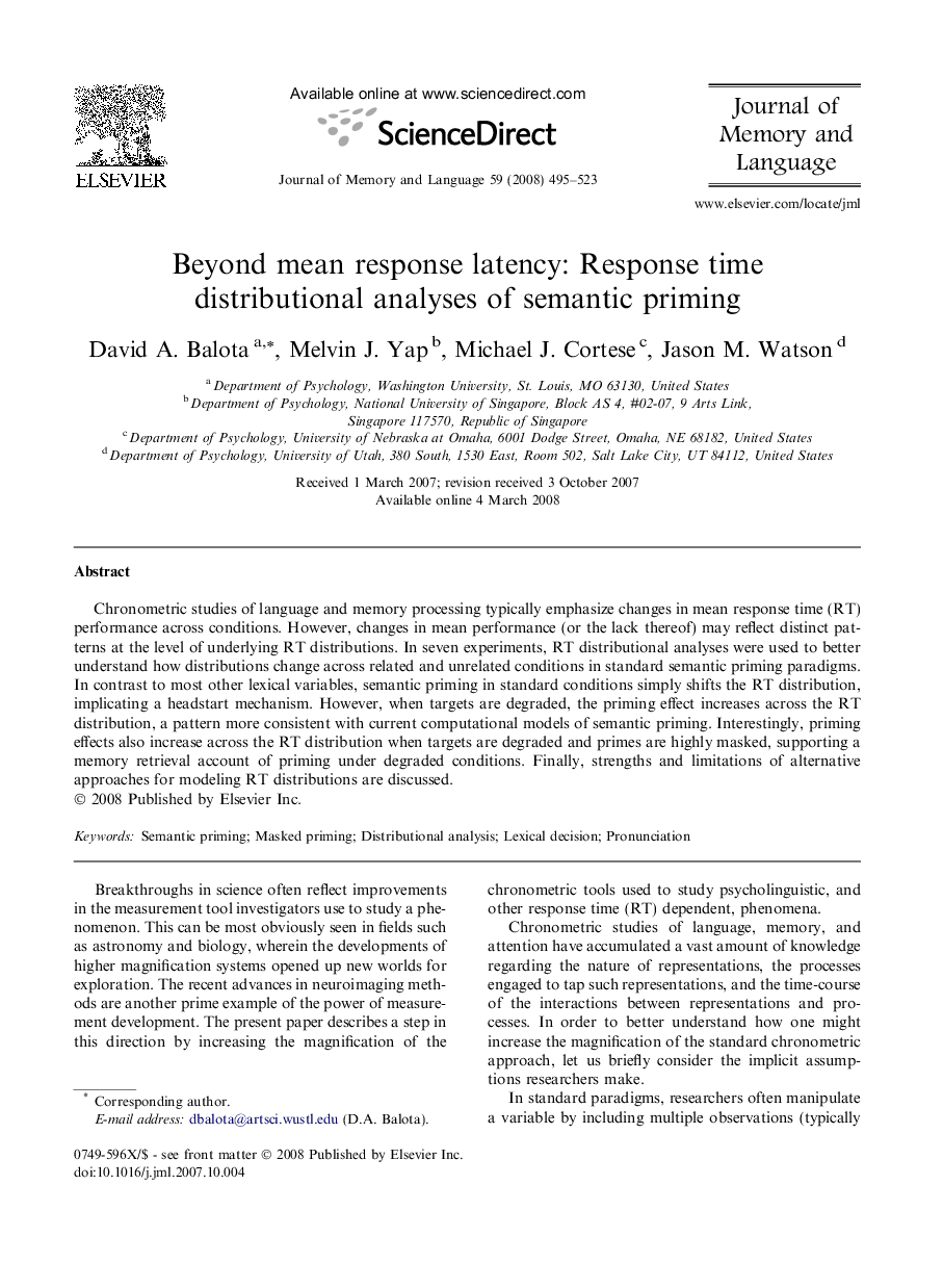 Beyond mean response latency: Response time distributional analyses of semantic priming