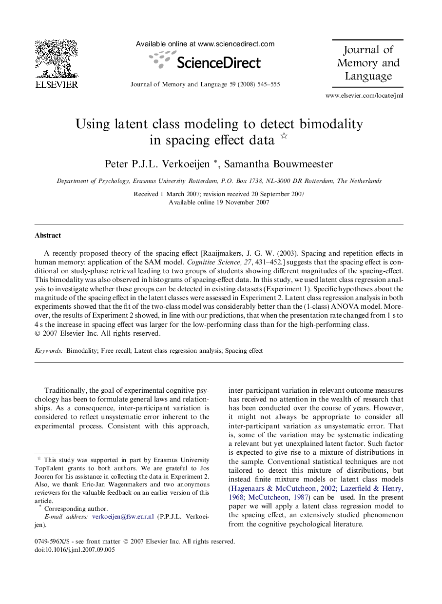 Using latent class modeling to detect bimodality in spacing effect data 