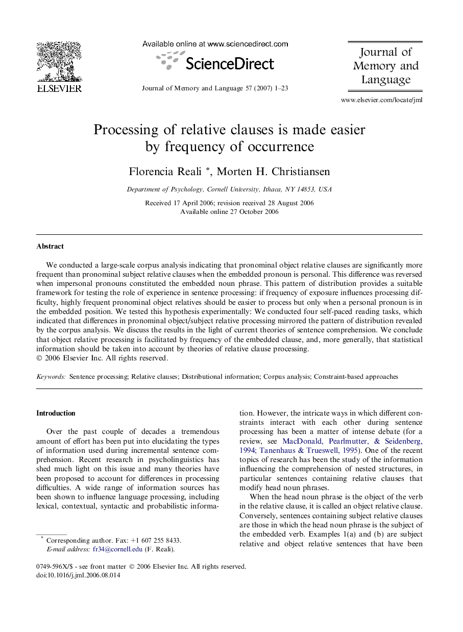 Processing of relative clauses is made easier by frequency of occurrence