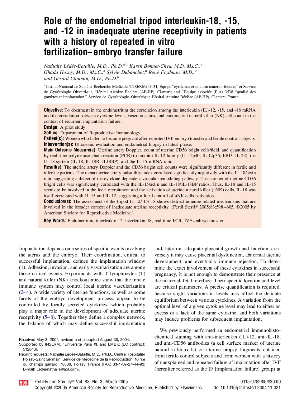 Role of the endometrial tripod interleukin-18, -15, and -12 in inadequate uterine receptivity in patients with a history of repeated in vitro fertilization-embryo transfer failure