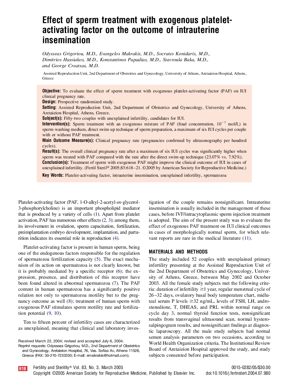 عکس صفحه اول مقاله: Effect of sperm treatment with exogenous platelet-activating factor on the outcome of intrauterine insemination Effect of sperm treatment with exogenous platelet-activating factor on the outcome of intrauterine insemination