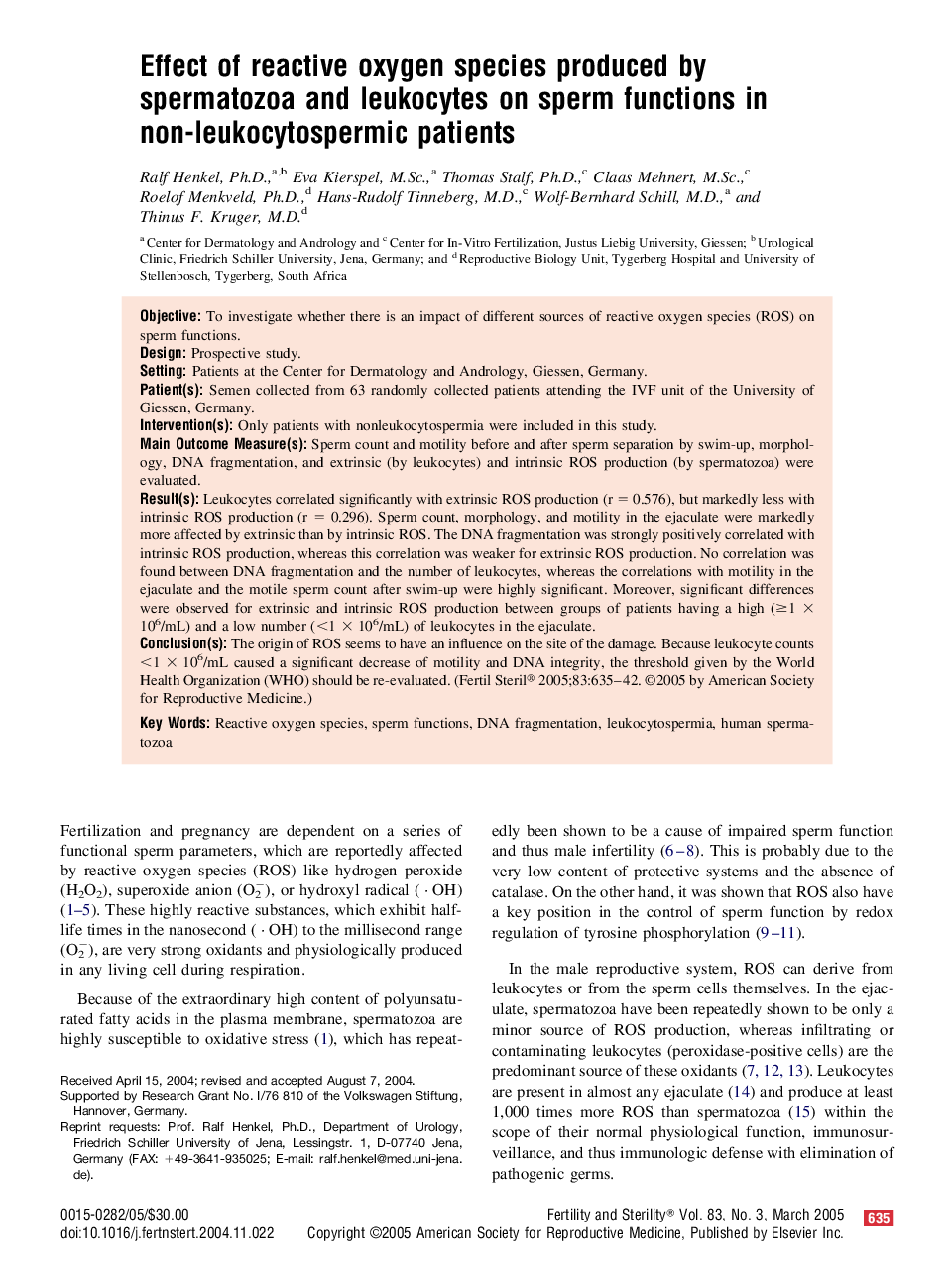 Effect of reactive oxygen species produced by spermatozoa and leukocytes on sperm functions in non-leukocytospermic patients