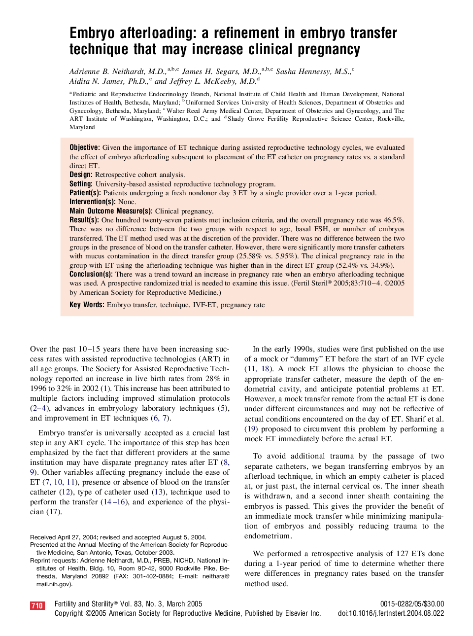 Embryo afterloading: A refinement in embryo transfer technique that may increase clinical pregnancy