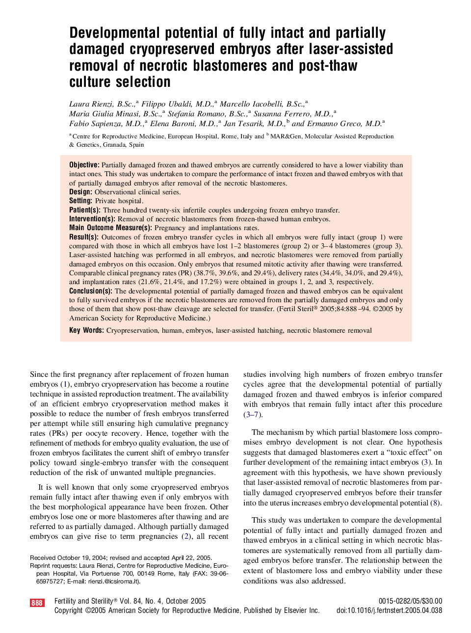 Developmental potential of fully intact and partially damaged cryopreserved embryos after laser-assisted removal of necrotic blastomeres and post-thaw culture selection