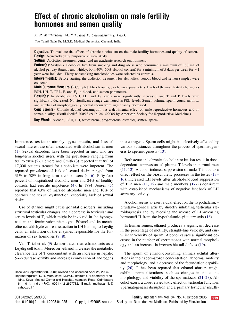 Effect of chronic alcoholism on male fertility hormones and semen quality