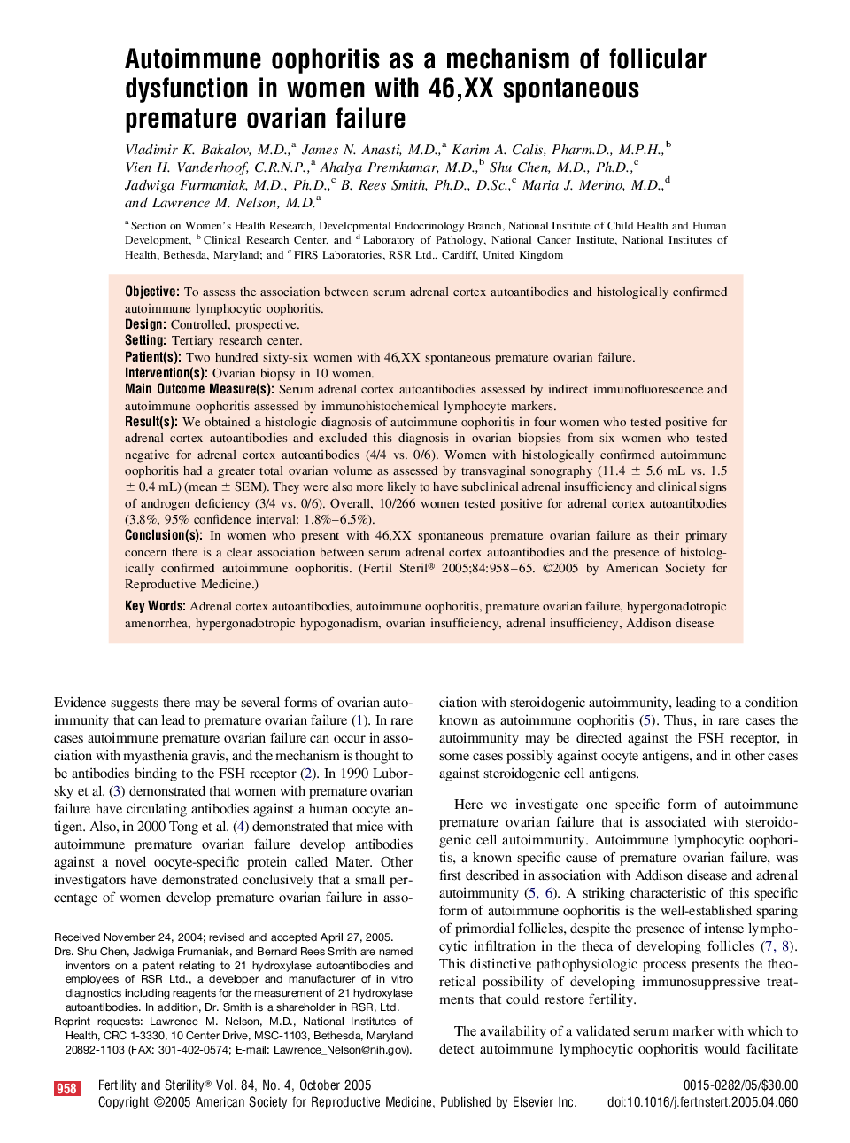 Autoimmune oophoritis as a mechanism of follicular dysfunction in women with 46,XX spontaneous premature ovarian failure