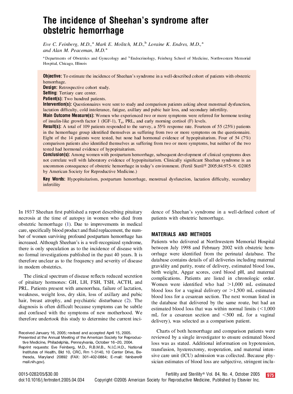 The incidence of Sheehan's syndrome after obstetric hemorrhage