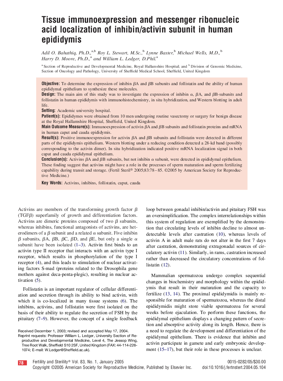 Tissue immunoexpression and messenger ribonucleic acid localization of inhibin/activin subunit in human epididymis