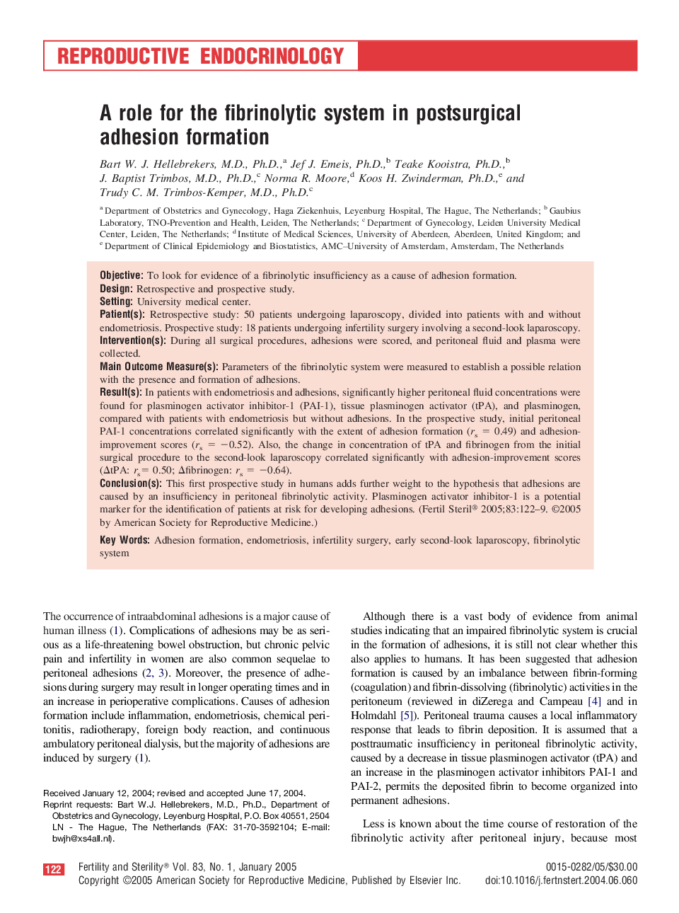 A role for the fibrinolytic system in postsurgical adhesion formation