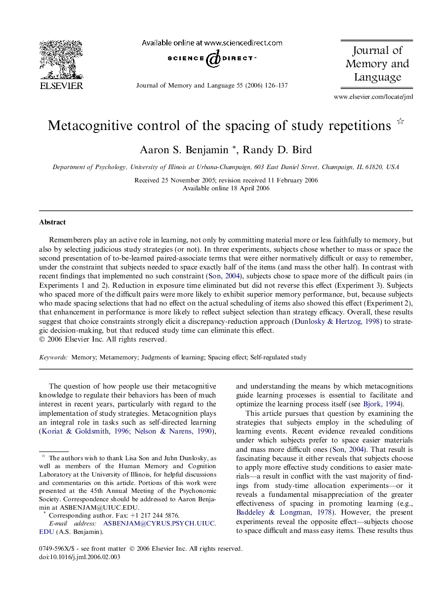 Metacognitive control of the spacing of study repetitions 