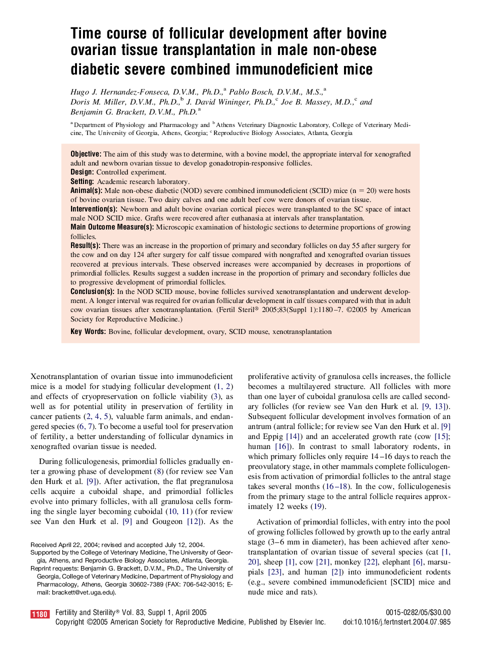 Time course of follicular development after bovine ovarian tissue transplantation in male non-obese diabetic severe combined immunodeficient mice