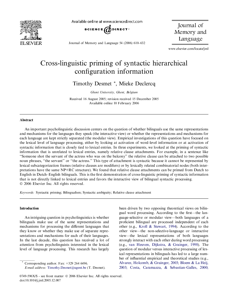 Cross-linguistic priming of syntactic hierarchical configuration information