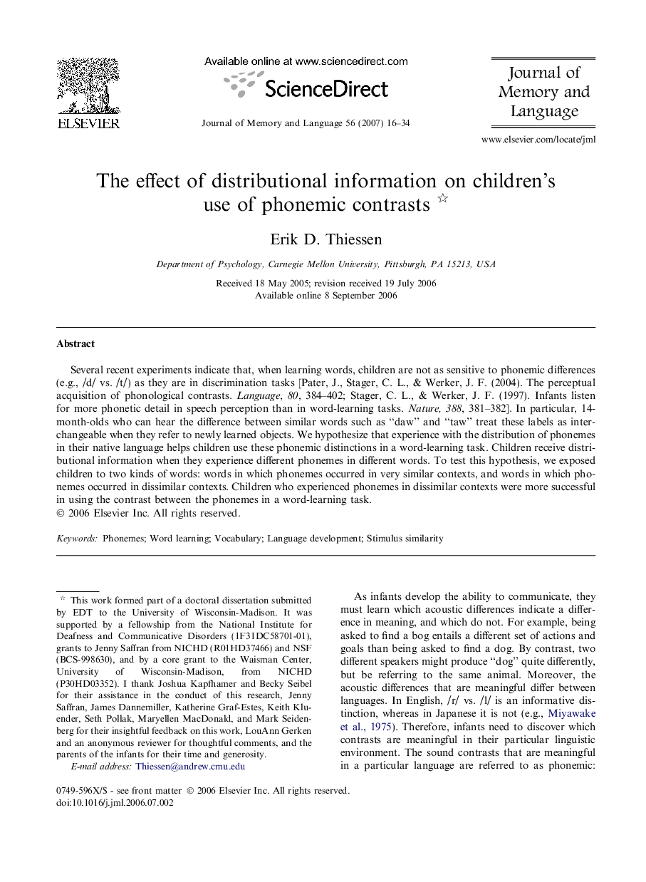 The effect of distributional information on children’s use of phonemic contrasts 